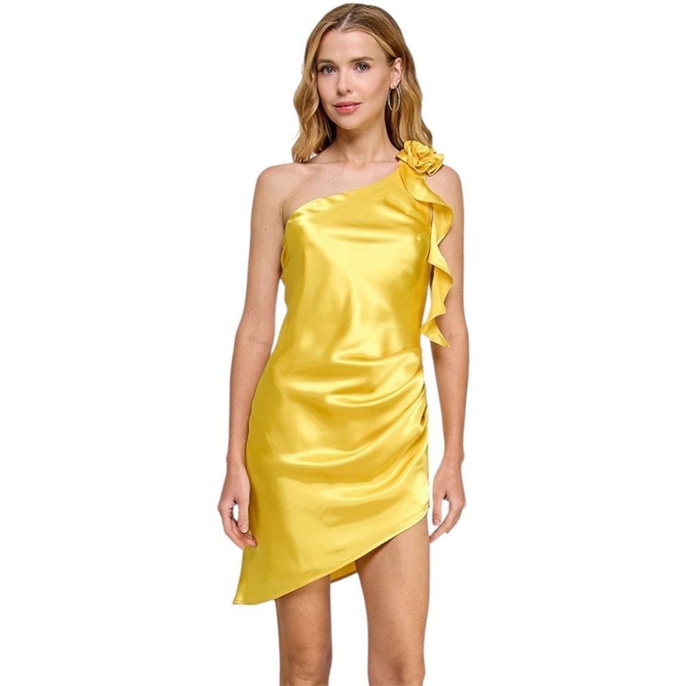Morgan & Co Skylar Satin One-Shoulder Mini Dress Yellow Sz L